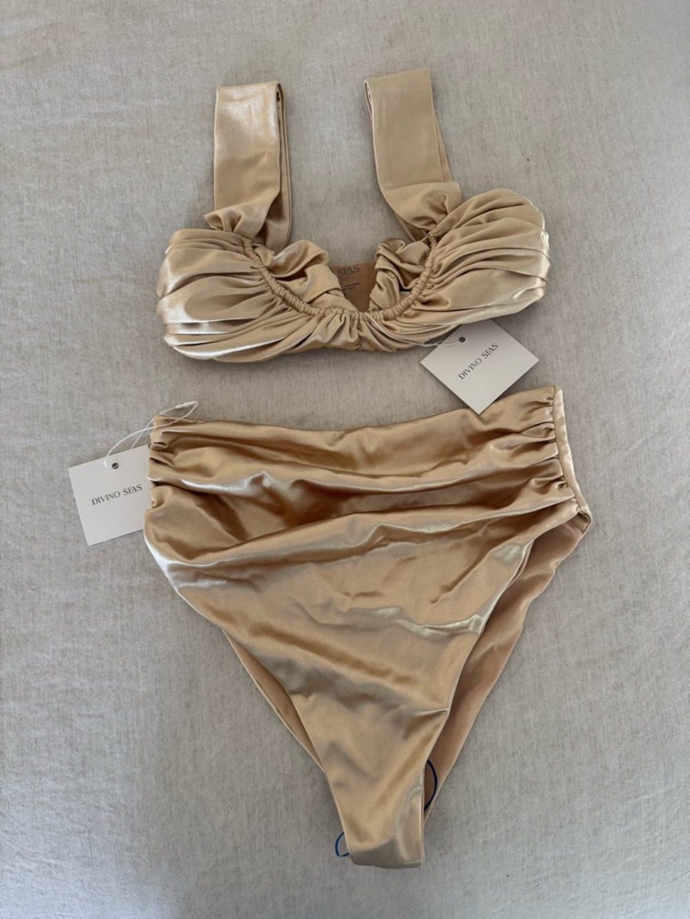 Divino Seas Shimmery Champagne High-Waist Ruched Bikini